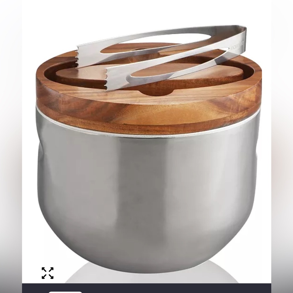 Nambe Mikko Stainless Steel Ice Bucket Tongs Wood